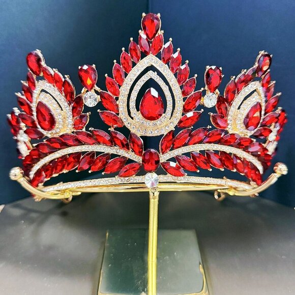 Quinceanera Crown, Ruby Rhinestone Crown, Large Size Crown, Gold Crystal Crown main image 4